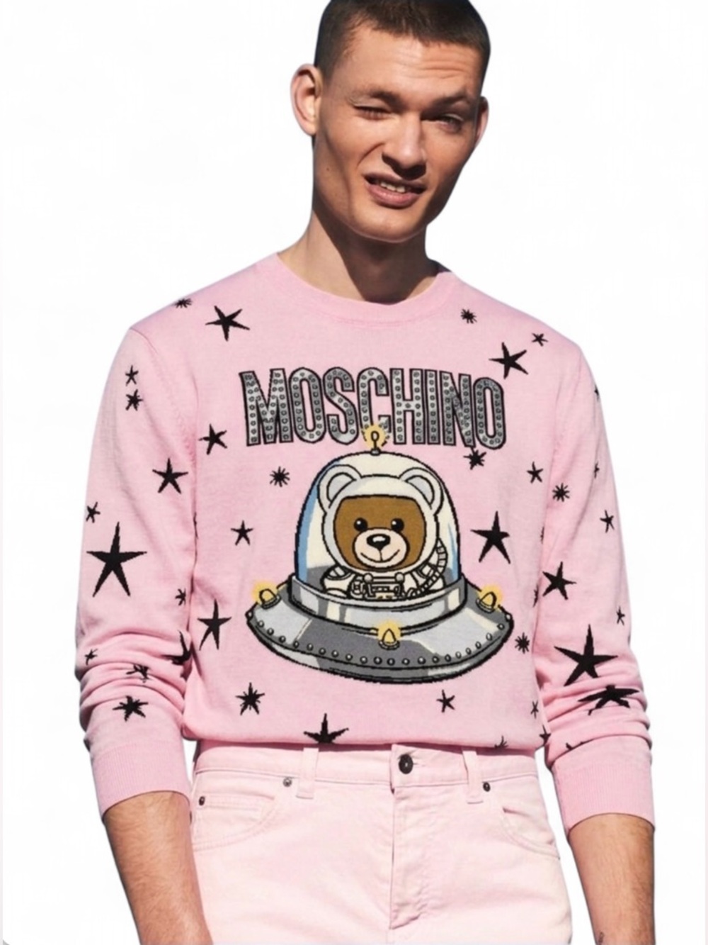 Moschino Runway Virgin Wool Pink Teddy Bear Space Star Sweater Medium Hypebeast